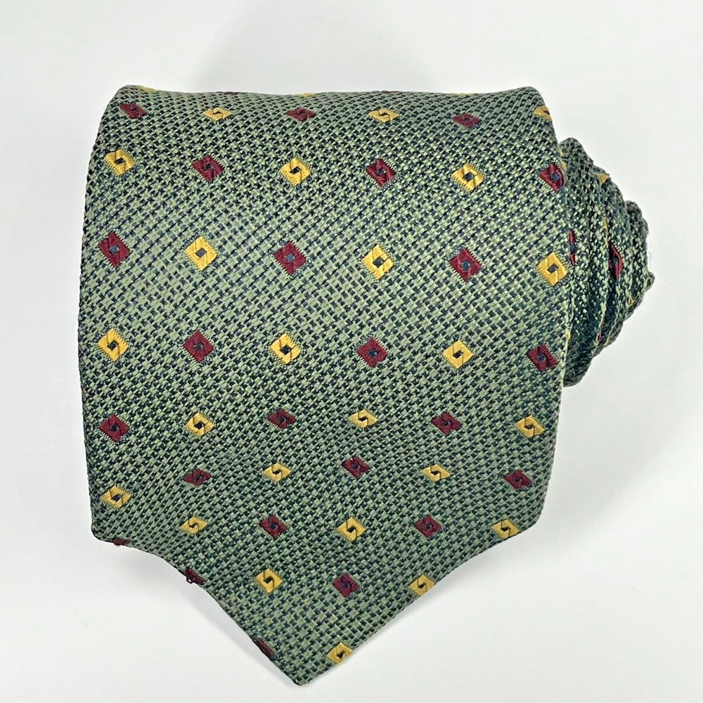 Countess Mara Silk Hand Made XL Men's Necktie Green Geometric Jacquard‎ Diamonds
